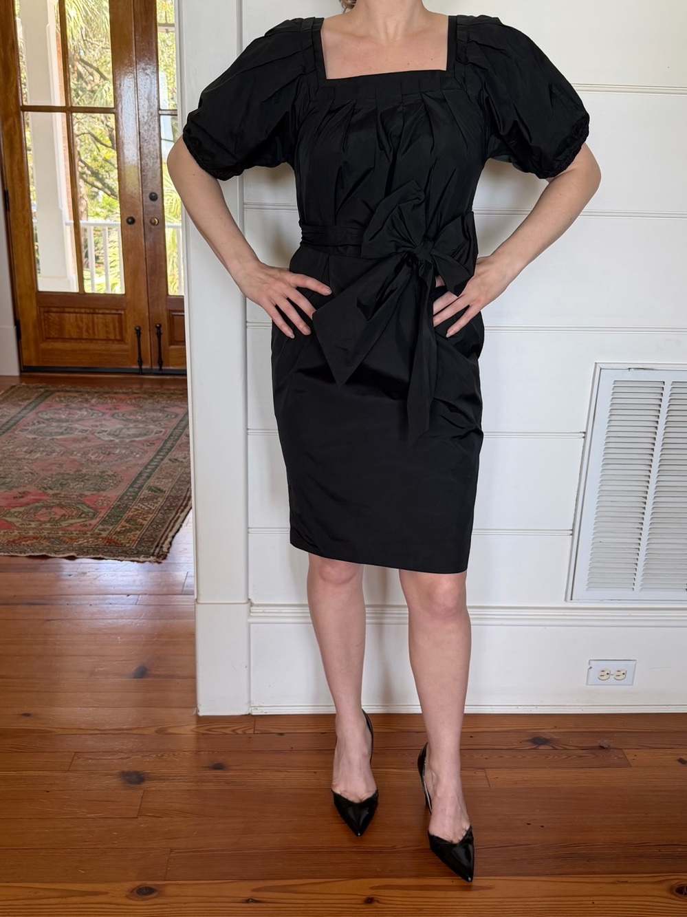 VINTAGE BCBGMaxAzria Black Square-Neck Dress with Waist Tie